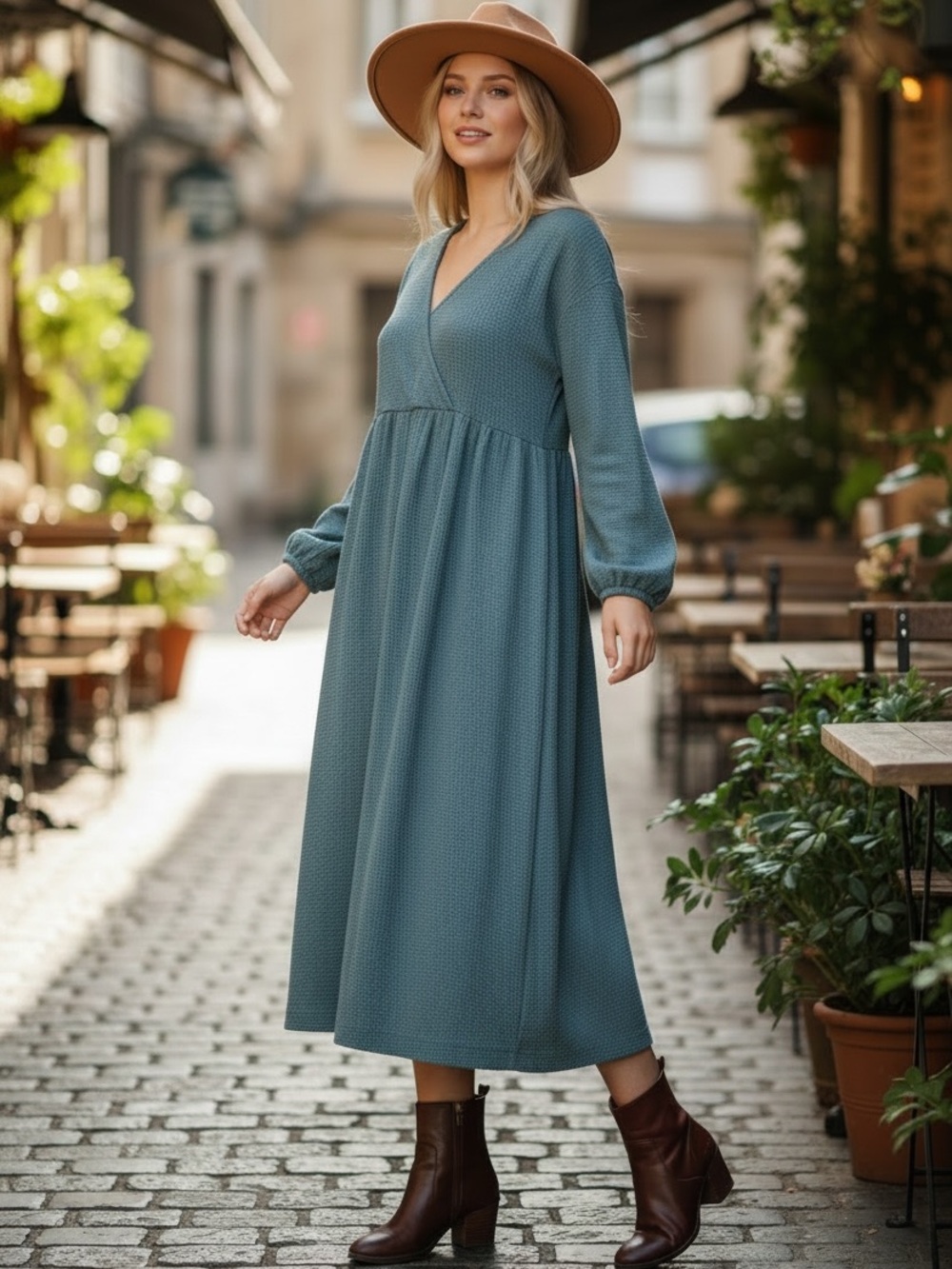 Madewell Dress Women Sz XS Teal Textured Long Sleeve V-Neck Crossover Boho Midi